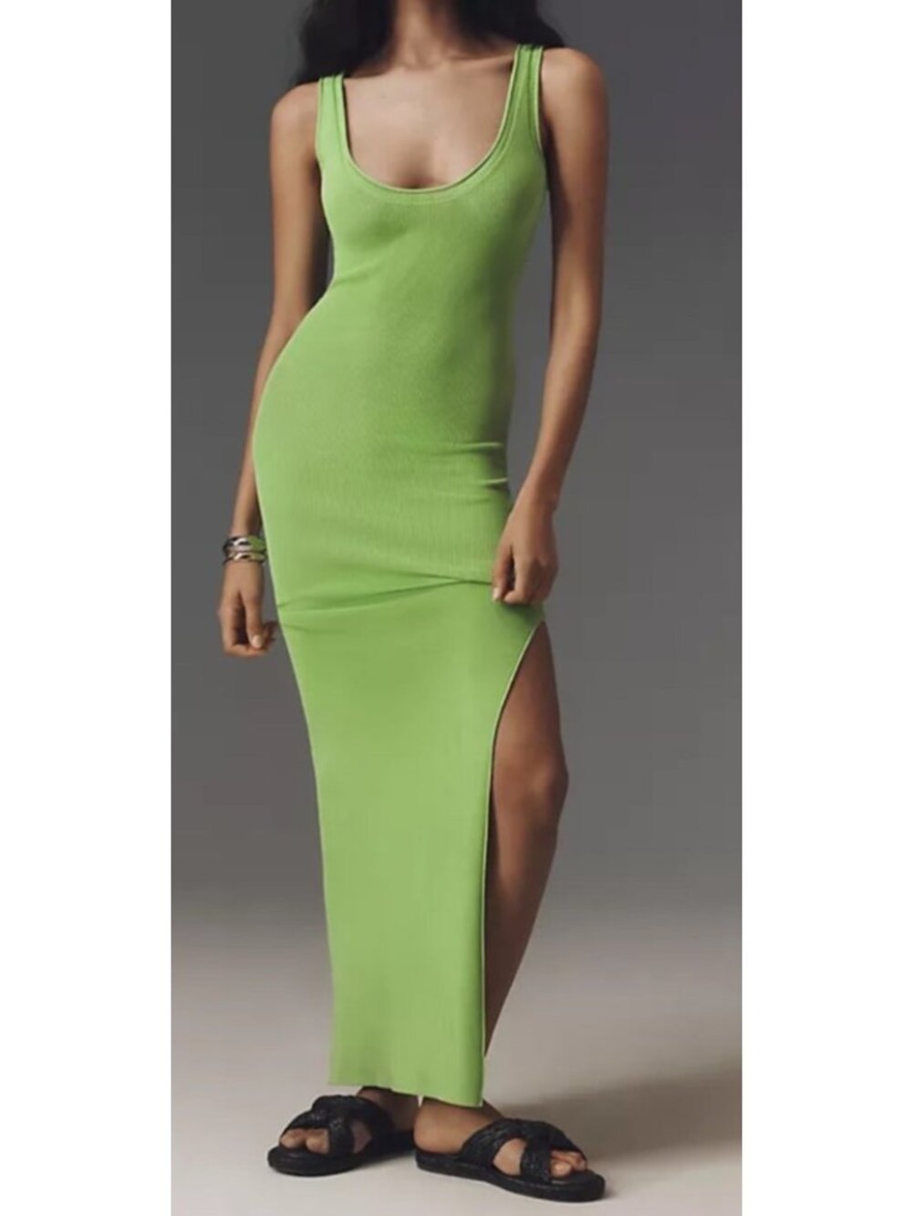 Good American Women's XS Medium Green Maxi Tank Dress With Side Slit